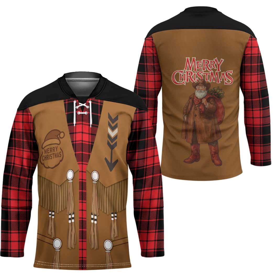 Santa Western Cowboy Christmas Hockey Jersey Plaid Black Red Vest Style - Wonder Print Shop