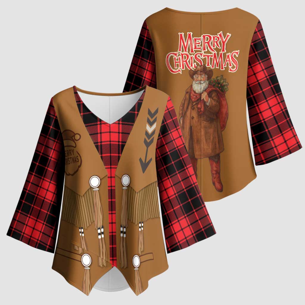 Santa Western Cowboy Christmas Kimono Sleeve Blouse Plaid Black Red Vest Style - Wonder Print Shop