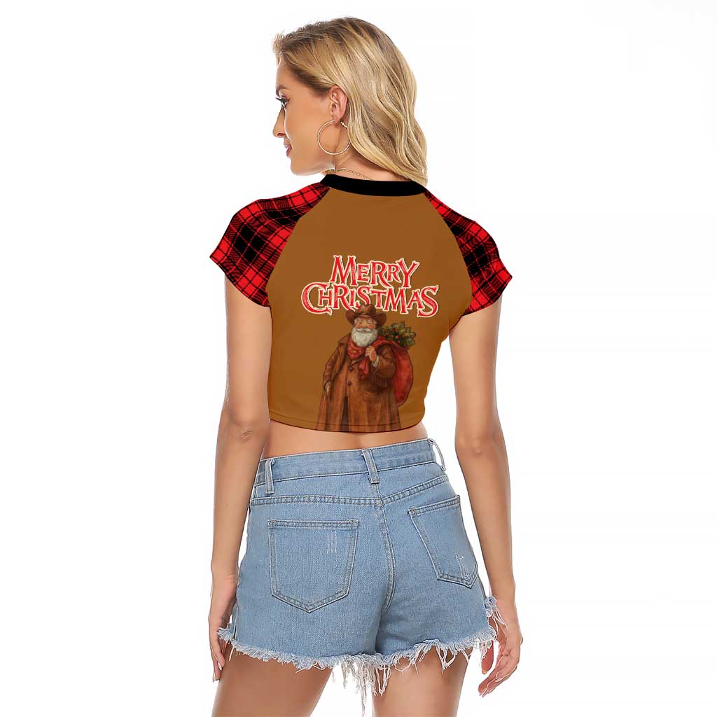 Santa Western Cowboy Christmas Raglan Cropped T Shirt Plaid Black Red Vest Style - Wonder Print Shop