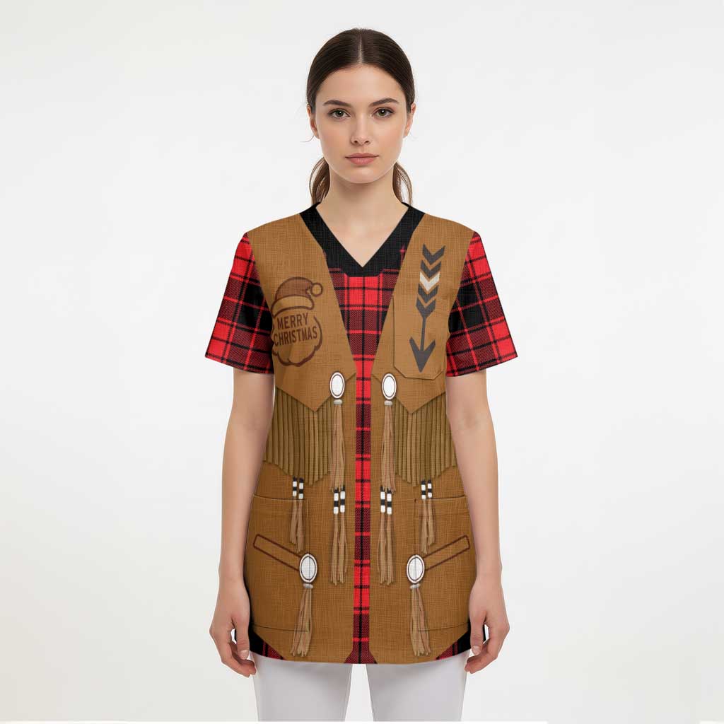 Santa Western Cowboy Christmas Scrub Top Plaid Black Red Vest Style - Wonder Print Shop