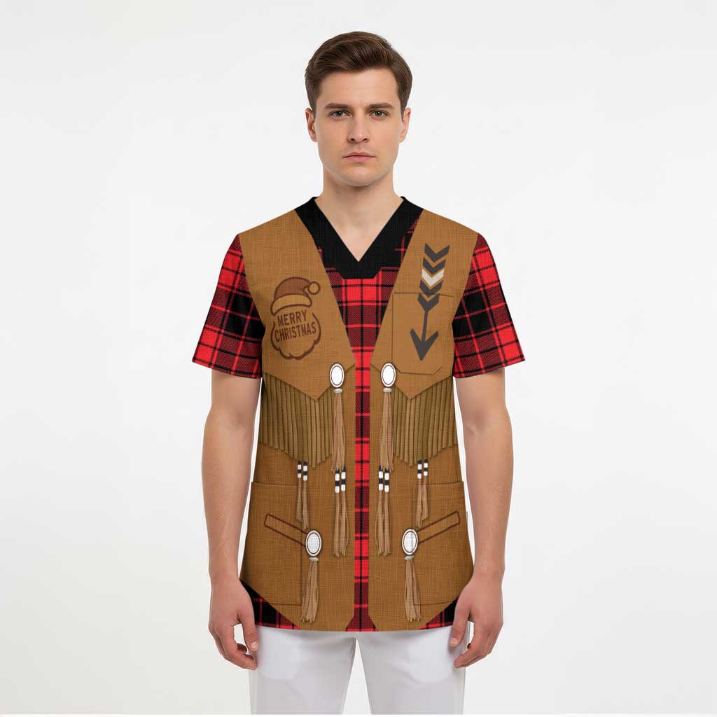 Santa Western Cowboy Christmas Scrub Top Plaid Black Red Vest Style - Wonder Print Shop