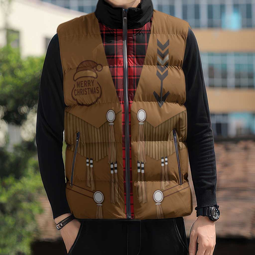 Santa Western Cowboy Christmas Sleeveless Puffer Jacket Plaid Black Red Vest Style - Wonder Print Shop