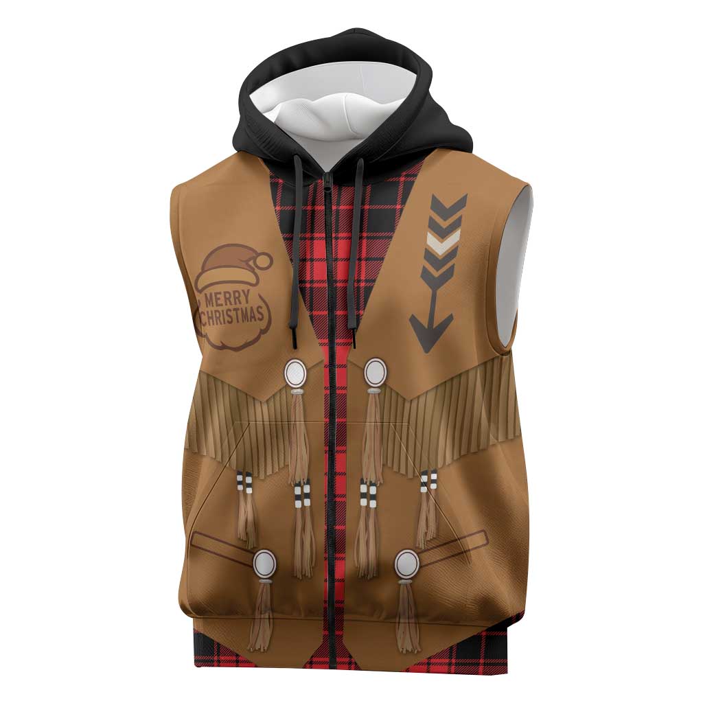 Santa Western Cowboy Christmas Sleeveless Zip Hoodie Plaid Black Red Vest Style - Wonder Print Shop