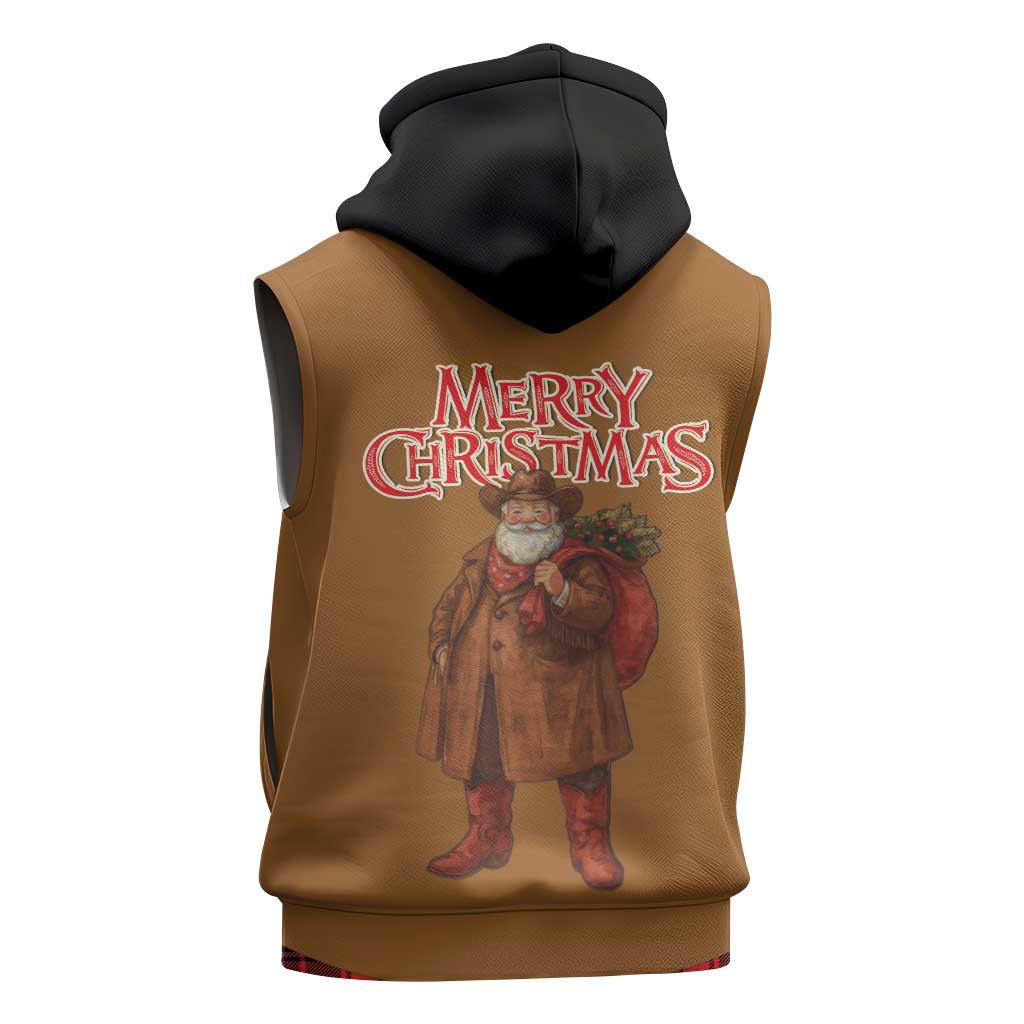 Santa Western Cowboy Christmas Sleeveless Zip Hoodie Plaid Black Red Vest Style - Wonder Print Shop