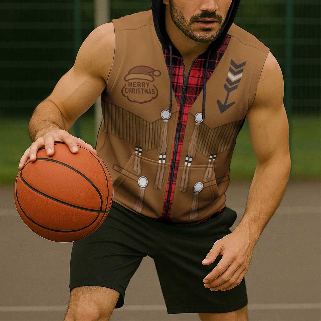 Santa Western Cowboy Christmas Sleeveless Zip Hoodie Plaid Black Red Vest Style - Wonder Print Shop