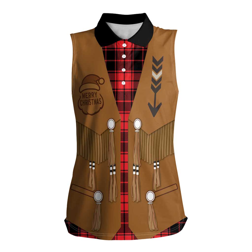 Santa Western Cowboy Christmas Women Sleeveless Polo Shirt Plaid Black Red Vest Style - Wonder Print Shop