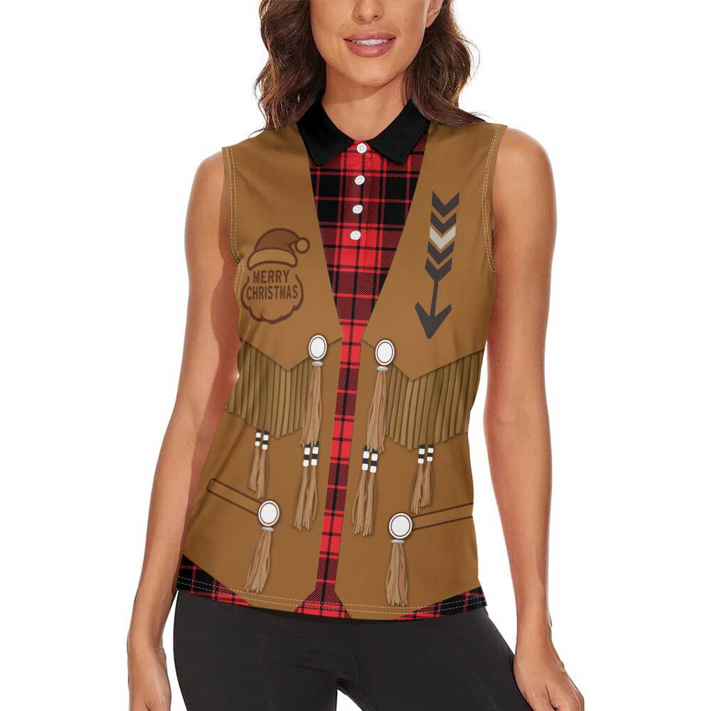 Santa Western Cowboy Christmas Women Sleeveless Polo Shirt Plaid Black Red Vest Style - Wonder Print Shop