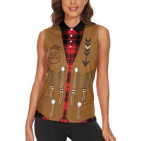Santa Western Cowboy Christmas Women Sleeveless Polo Shirt Plaid Black Red Vest Style - Wonder Print Shop