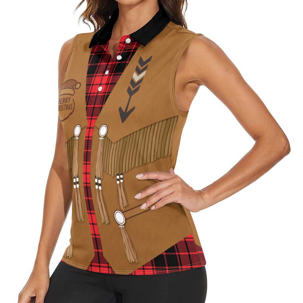 Santa Western Cowboy Christmas Women Sleeveless Polo Shirt Plaid Black Red Vest Style - Wonder Print Shop