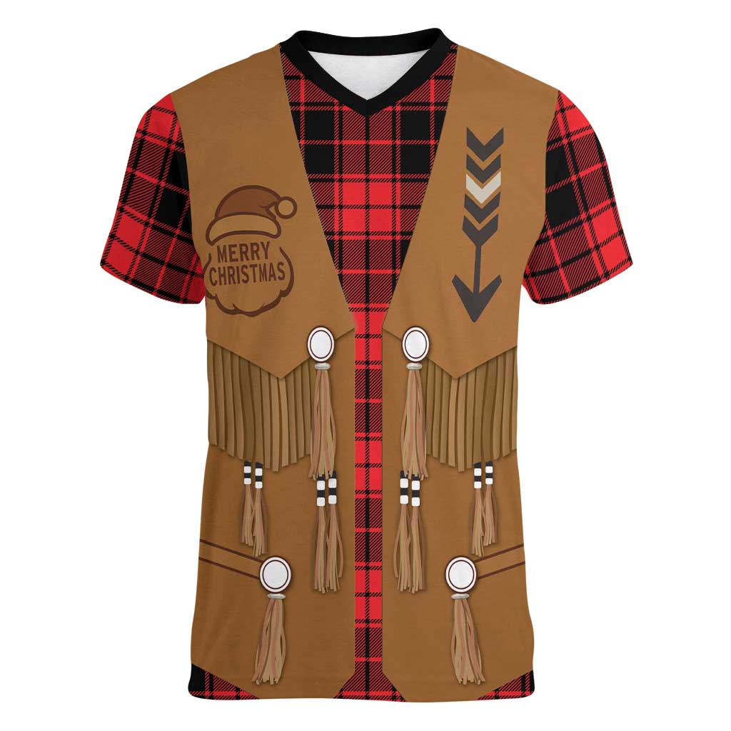 Santa Western Cowboy Christmas Women V-Neck T-Shirt Plaid Black Red Vest Style - Wonder Print Shop