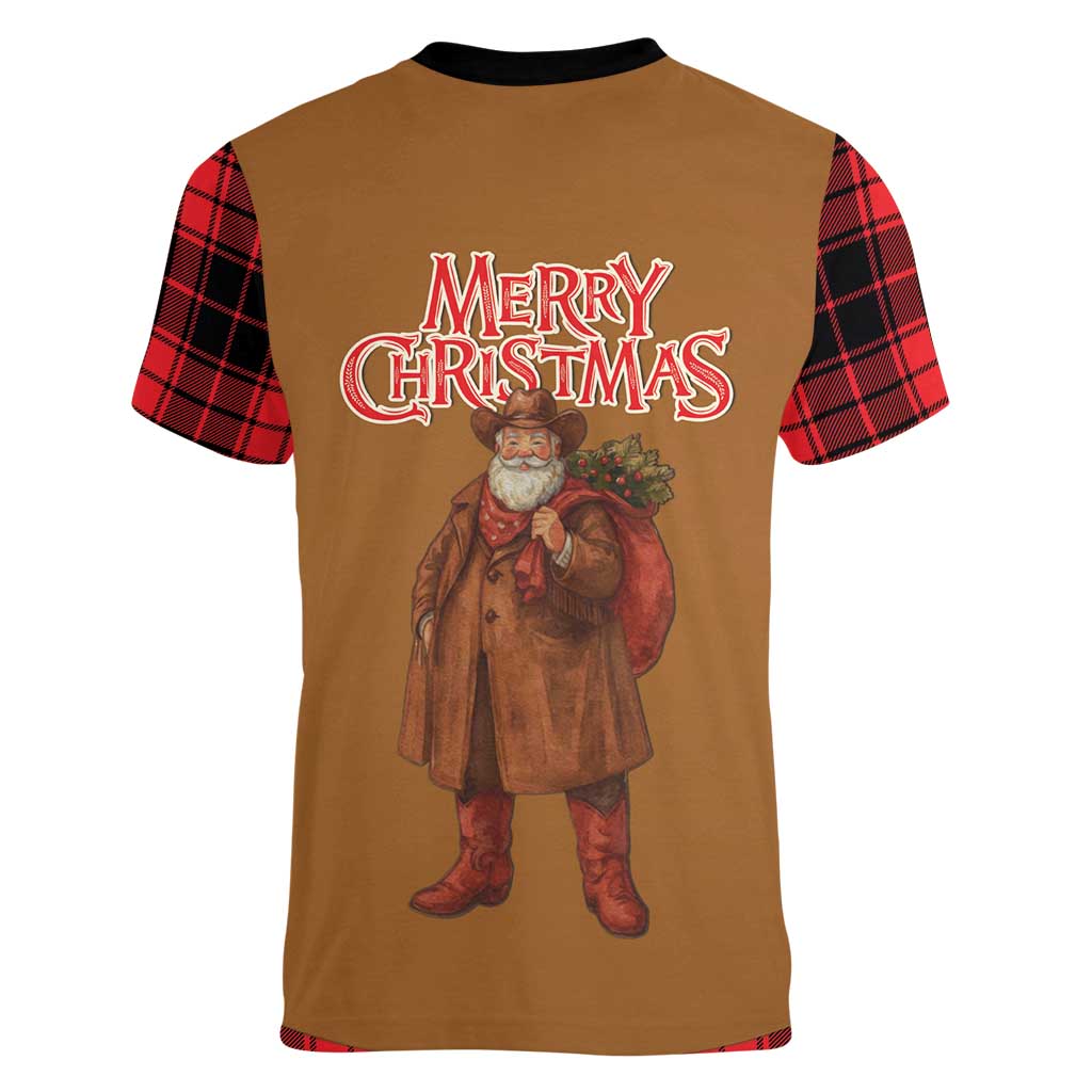 Santa Western Cowboy Christmas Women V-Neck T-Shirt Plaid Black Red Vest Style - Wonder Print Shop
