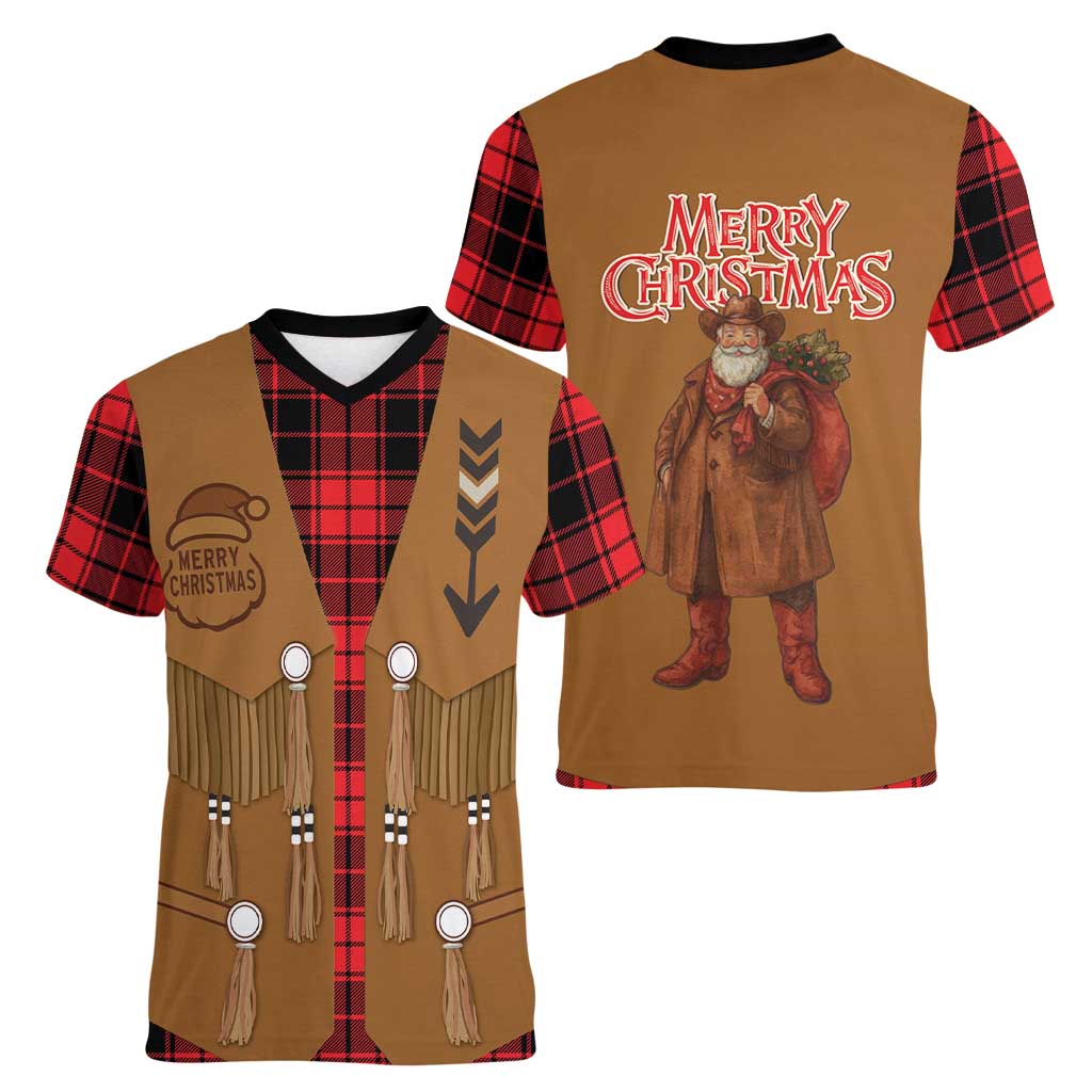 Santa Western Cowboy Christmas Women V-Neck T-Shirt Plaid Black Red Vest Style - Wonder Print Shop