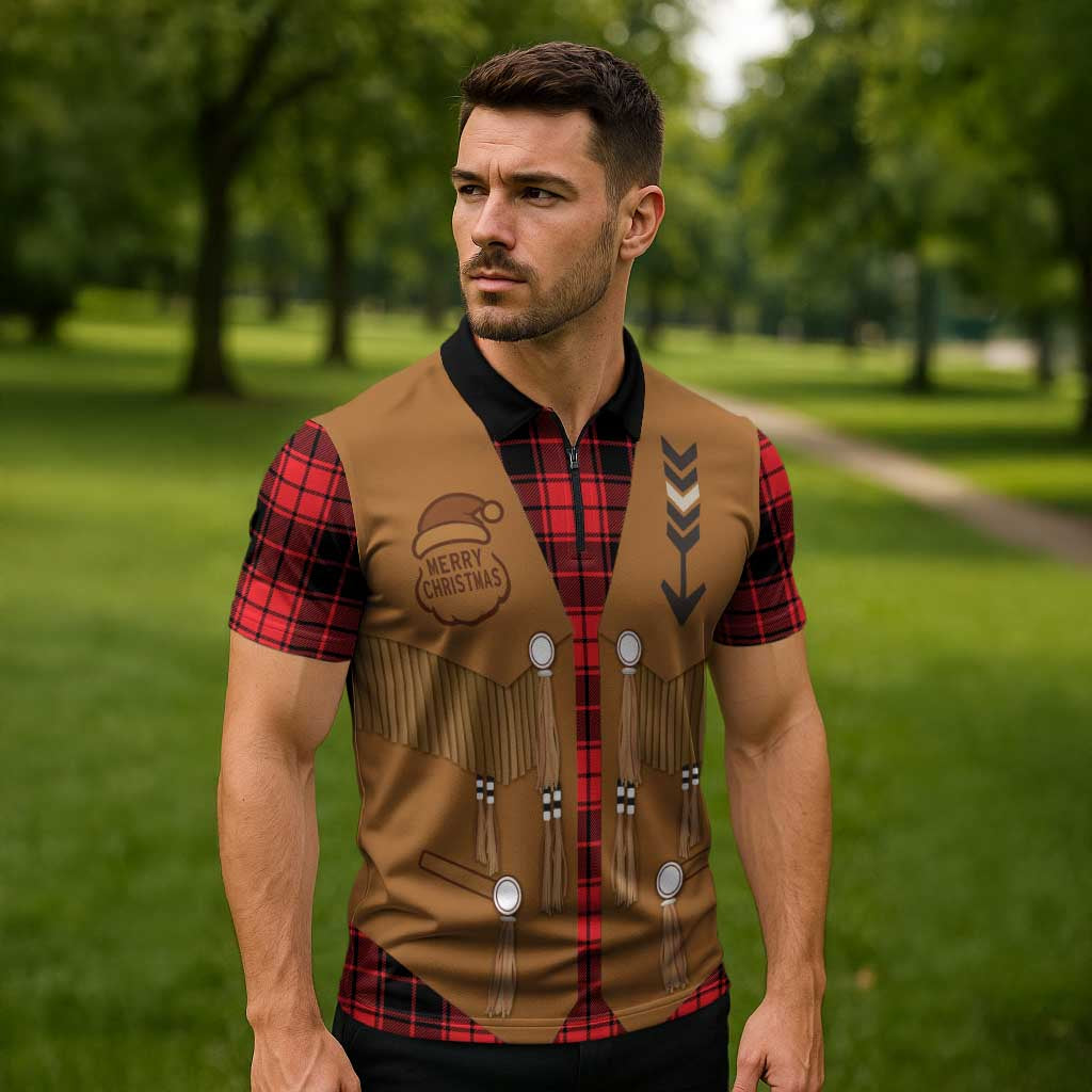 Santa Western Cowboy Christmas Zipper Polo Shirt Plaid Black Red Vest Style - Wonder Print Shop