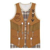 Santa Western Cowboy Christmas Basketball Jersey Plaid Brown Beige Vest Style - Wonder Print Shop