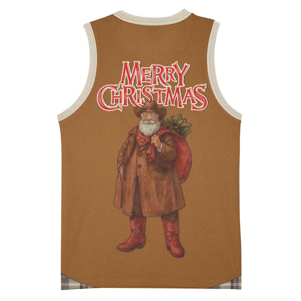 Santa Western Cowboy Christmas Basketball Jersey Plaid Brown Beige Vest Style - Wonder Print Shop