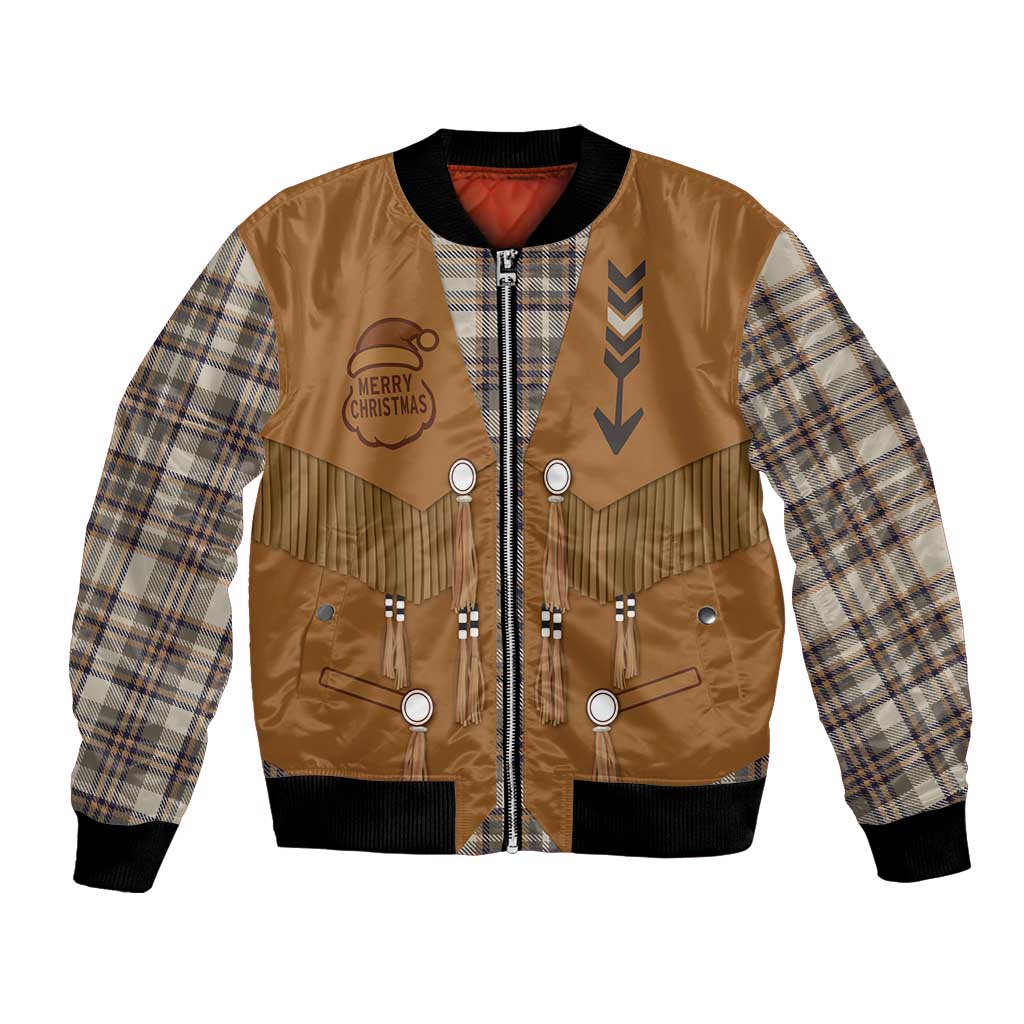 Santa Western Cowboy Christmas Bomber Jacket Plaid Brown Beige Vest Style - Wonder Print Shop