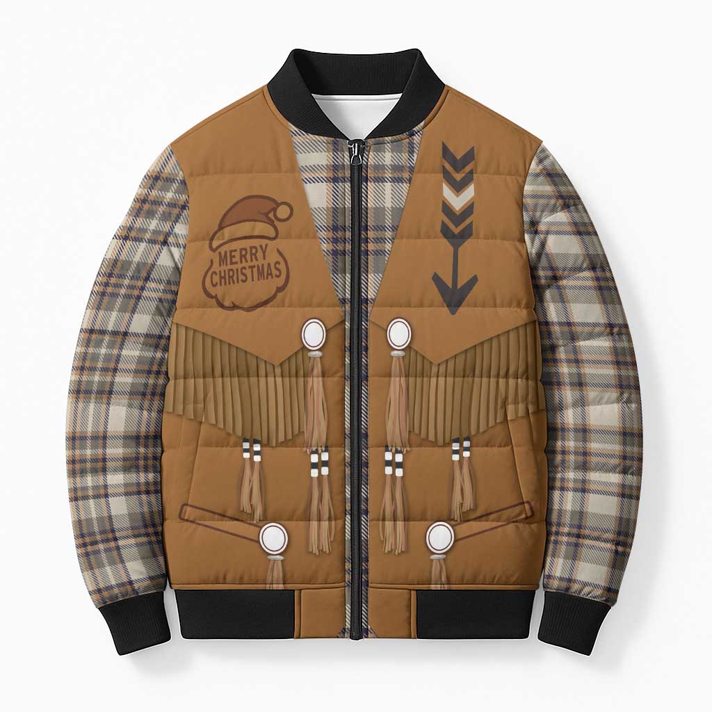 Santa Western Cowboy Christmas Bomber Puffer Jacket Plaid Brown Beige Vest Style - Wonder Print Shop