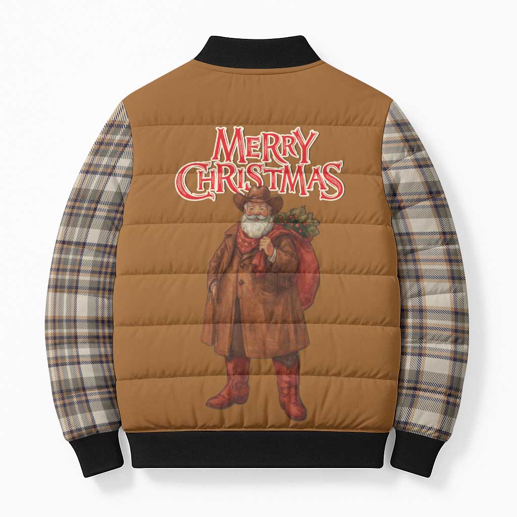 Santa Western Cowboy Christmas Bomber Puffer Jacket Plaid Brown Beige Vest Style - Wonder Print Shop