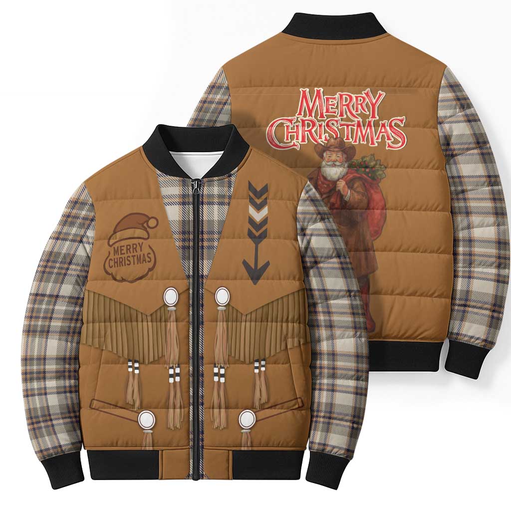 Santa Western Cowboy Christmas Bomber Puffer Jacket Plaid Brown Beige Vest Style - Wonder Print Shop
