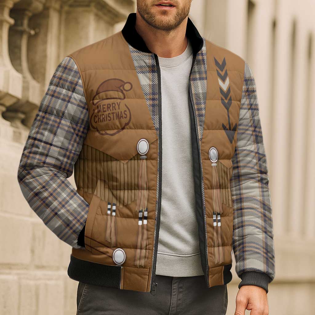 Santa Western Cowboy Christmas Bomber Puffer Jacket Plaid Brown Beige Vest Style - Wonder Print Shop
