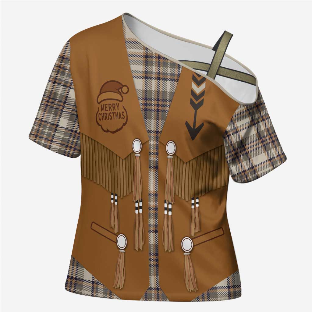 Santa Western Cowboy Christmas Cross Shoulder Shirt Plaid Brown Beige Vest Style - Wonder Print Shop