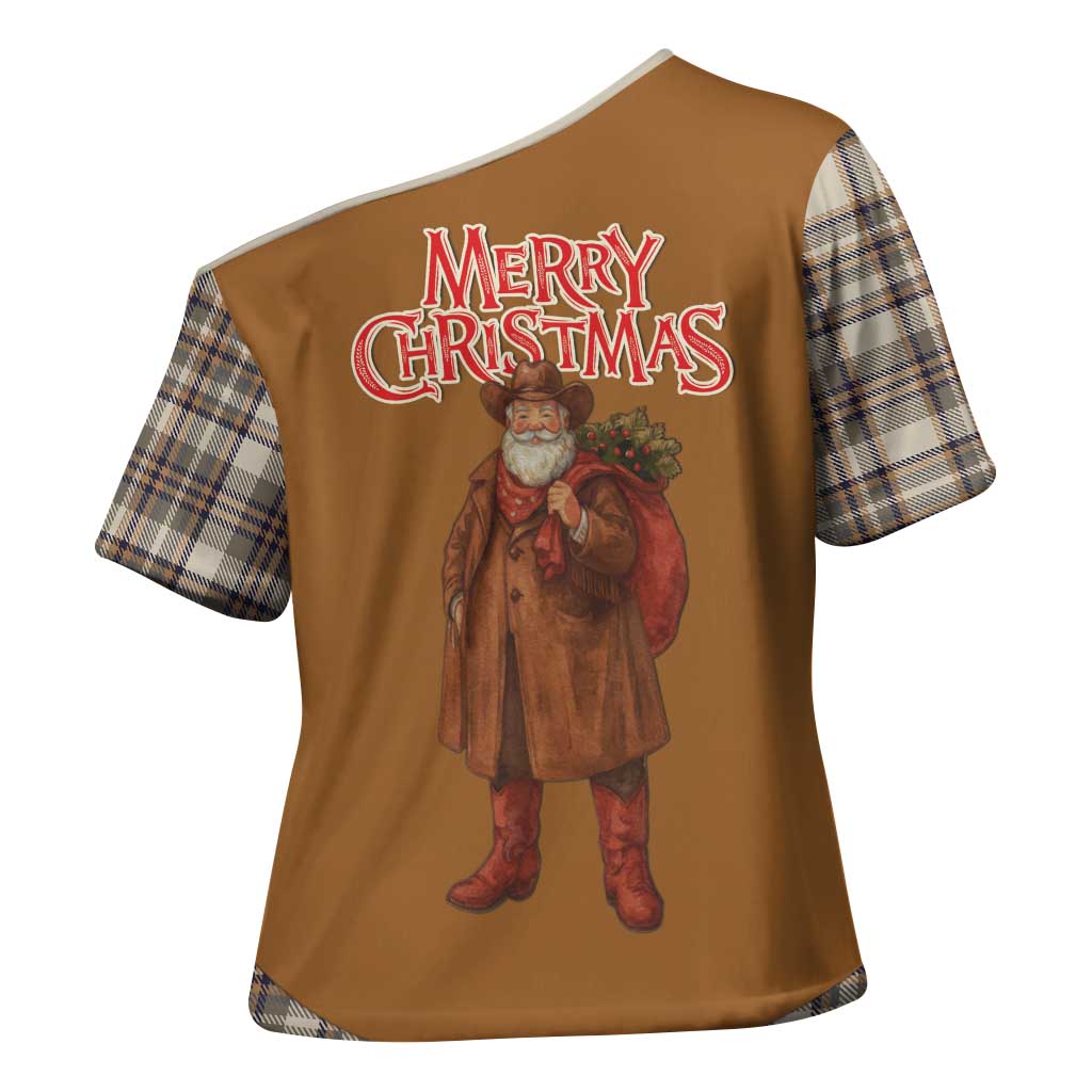 Santa Western Cowboy Christmas Cross Shoulder Shirt Plaid Brown Beige Vest Style - Wonder Print Shop