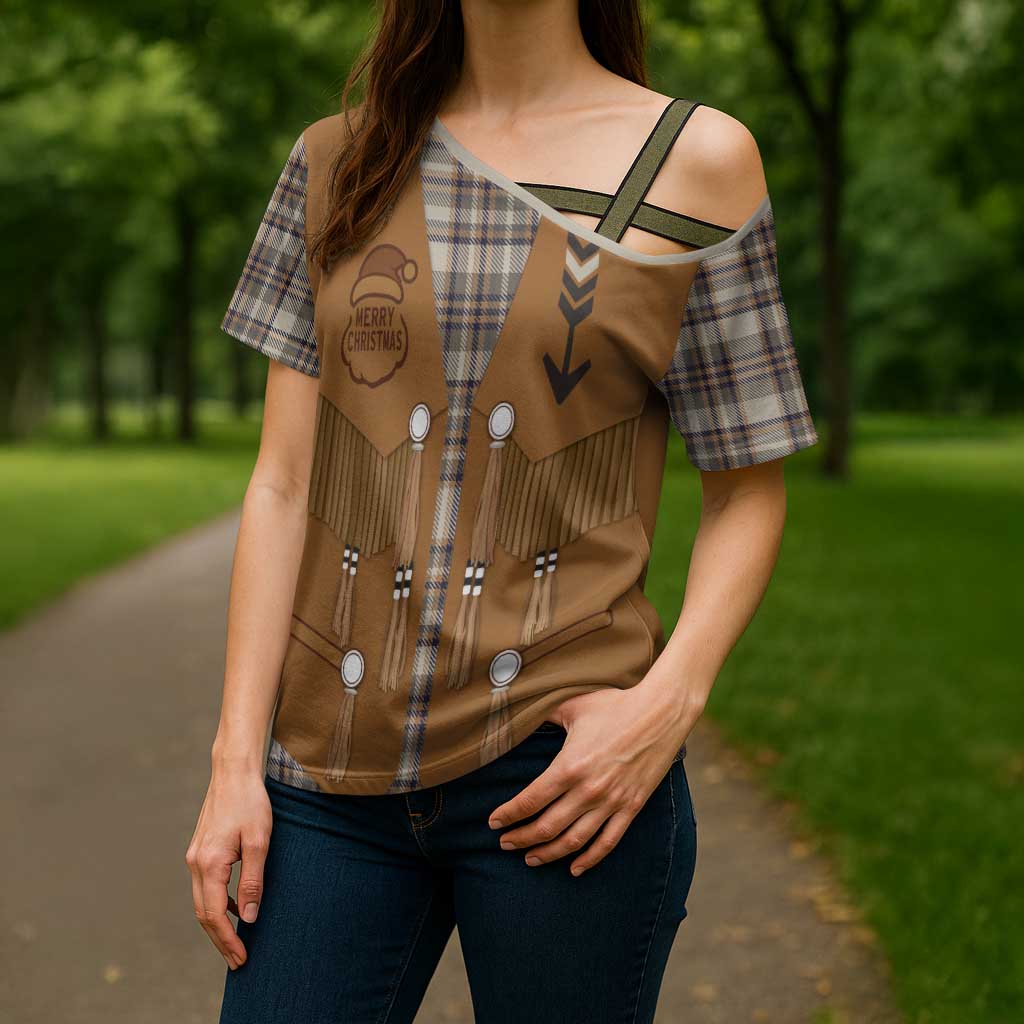 Santa Western Cowboy Christmas Cross Shoulder Shirt Plaid Brown Beige Vest Style - Wonder Print Shop