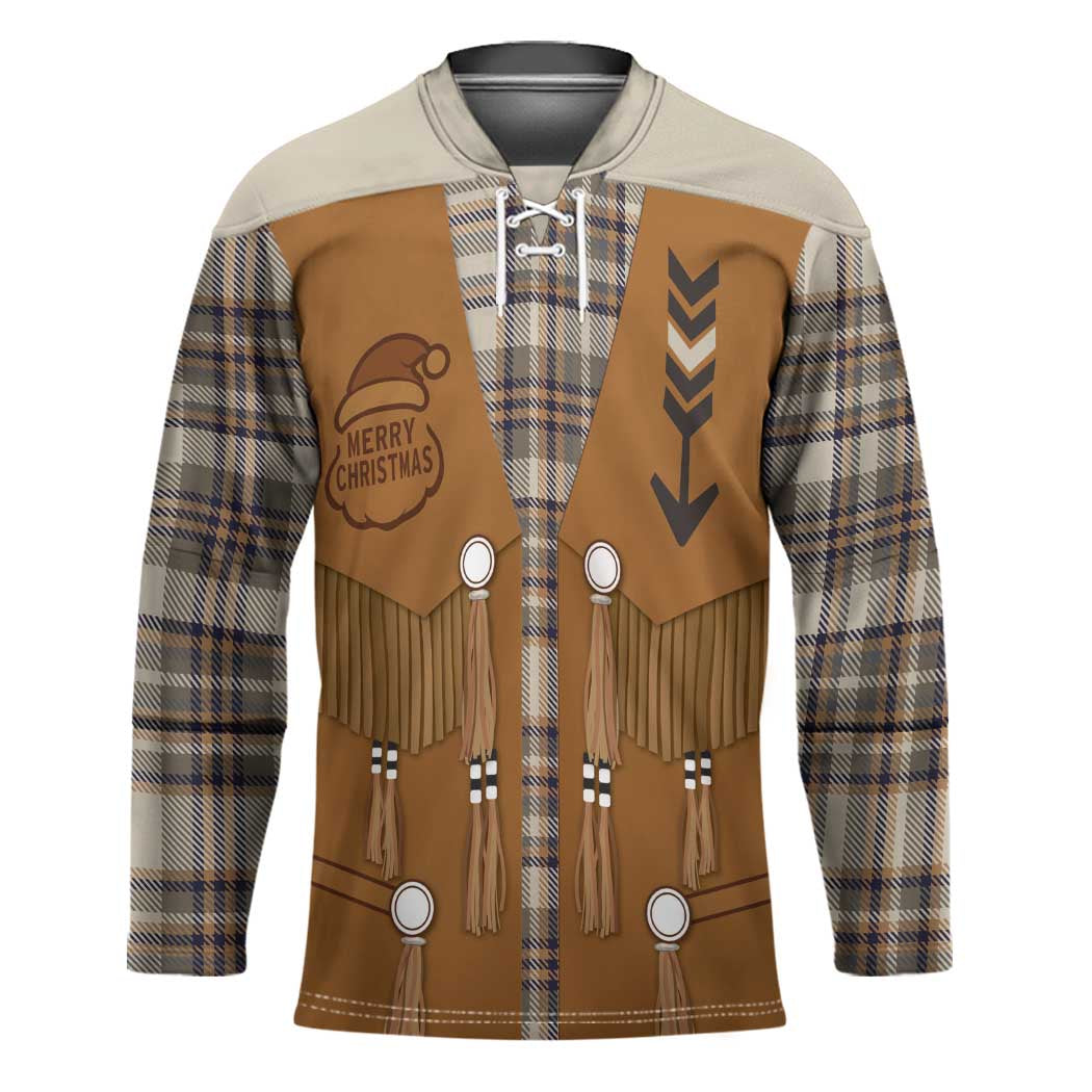 Santa Western Cowboy Christmas Hockey Jersey Plaid Brown Beige Vest Style - Wonder Print Shop