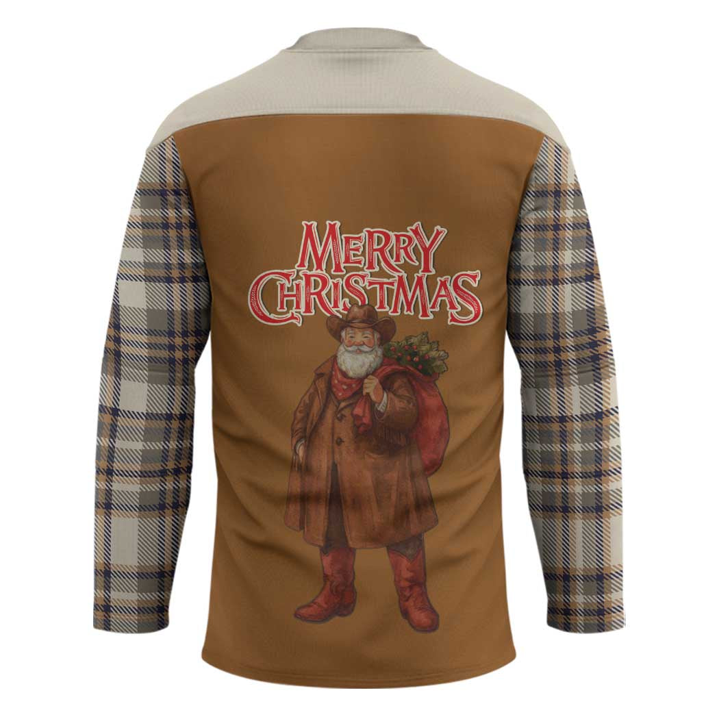 Santa Western Cowboy Christmas Hockey Jersey Plaid Brown Beige Vest Style - Wonder Print Shop