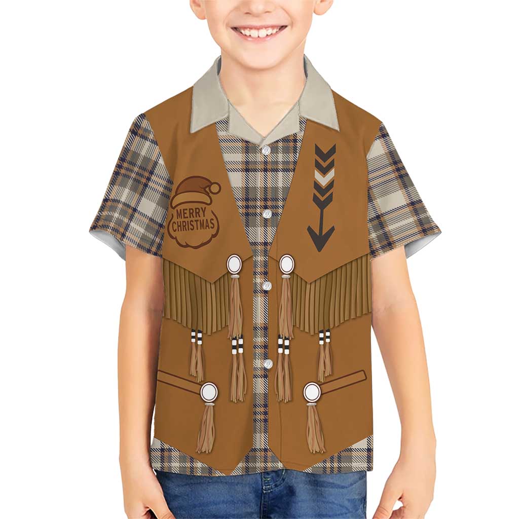 Santa Western Cowboy Christmas Kid Hawaiian Shirt Plaid Brown Beige Vest Style - Wonder Print Shop
