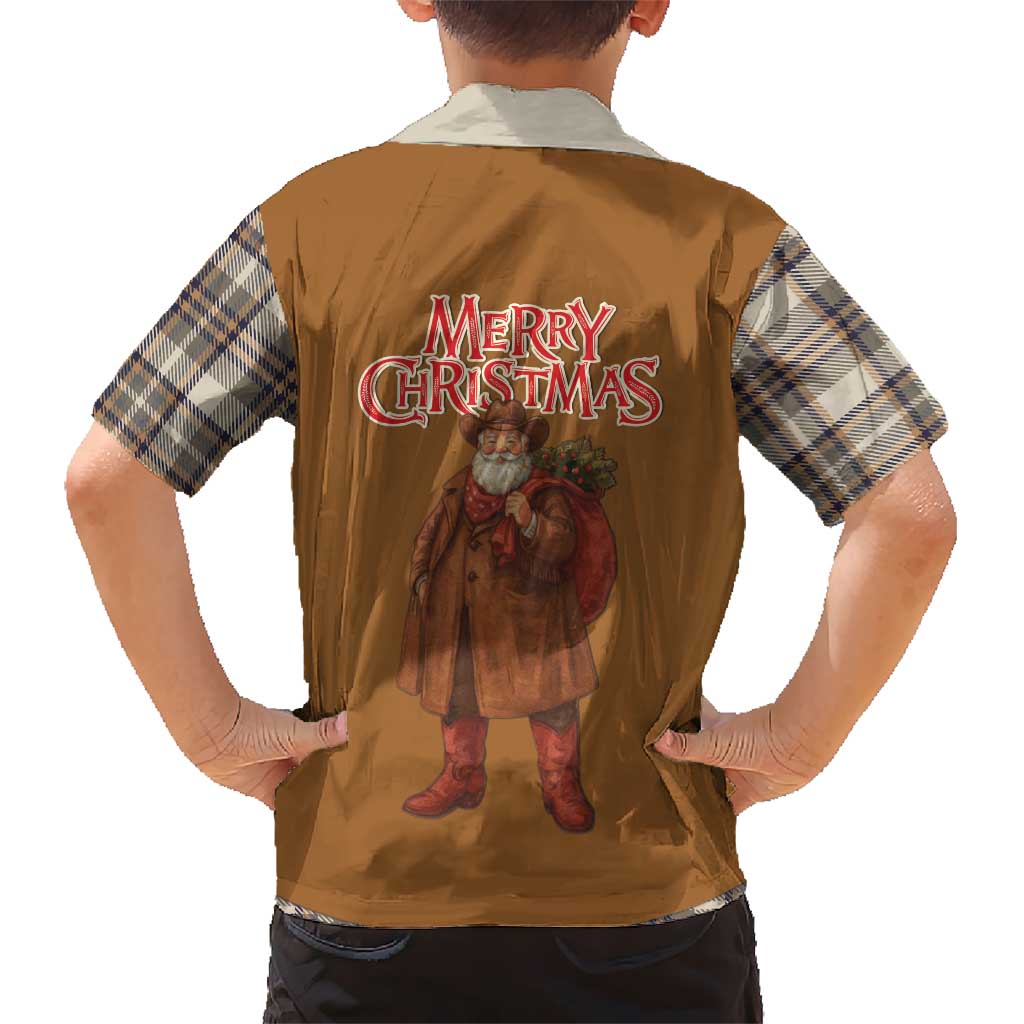 Santa Western Cowboy Christmas Kid Hawaiian Shirt Plaid Brown Beige Vest Style - Wonder Print Shop
