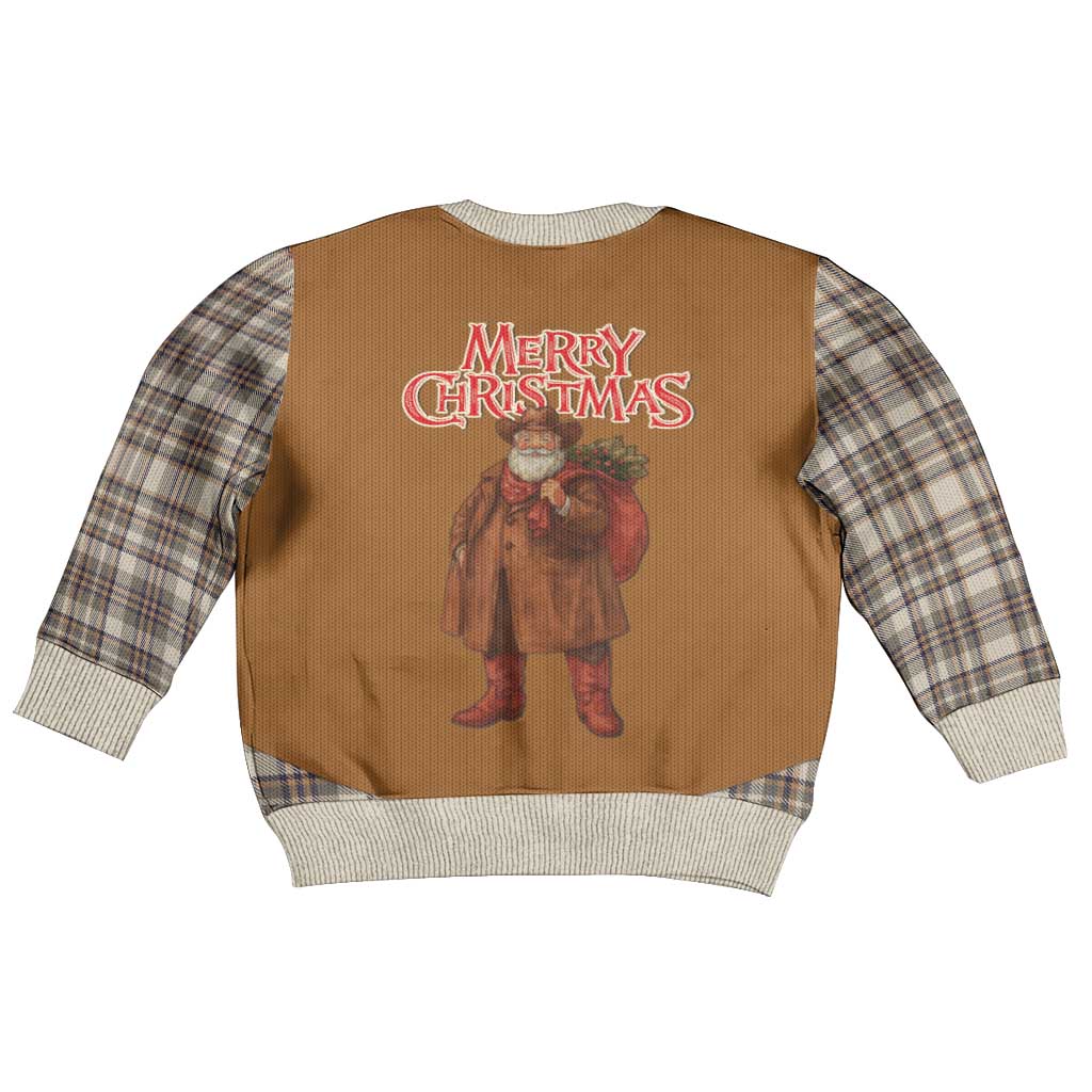 Santa Western Cowboy Christmas Kid Ugly Christmas Sweater Plaid Brown Beige Vest Style - Wonder Print Shop