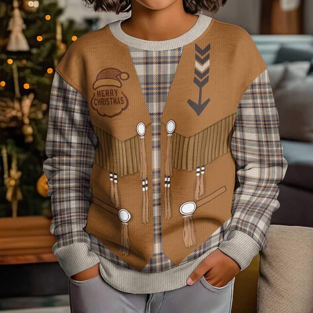 Santa Western Cowboy Christmas Kid Ugly Christmas Sweater Plaid Brown Beige Vest Style - Wonder Print Shop