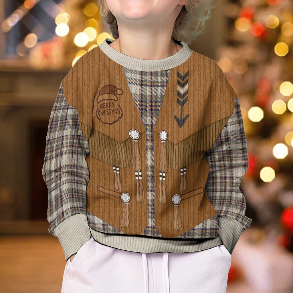 Santa Western Cowboy Christmas Kid Ugly Christmas Sweater Plaid Brown Beige Vest Style - Wonder Print Shop