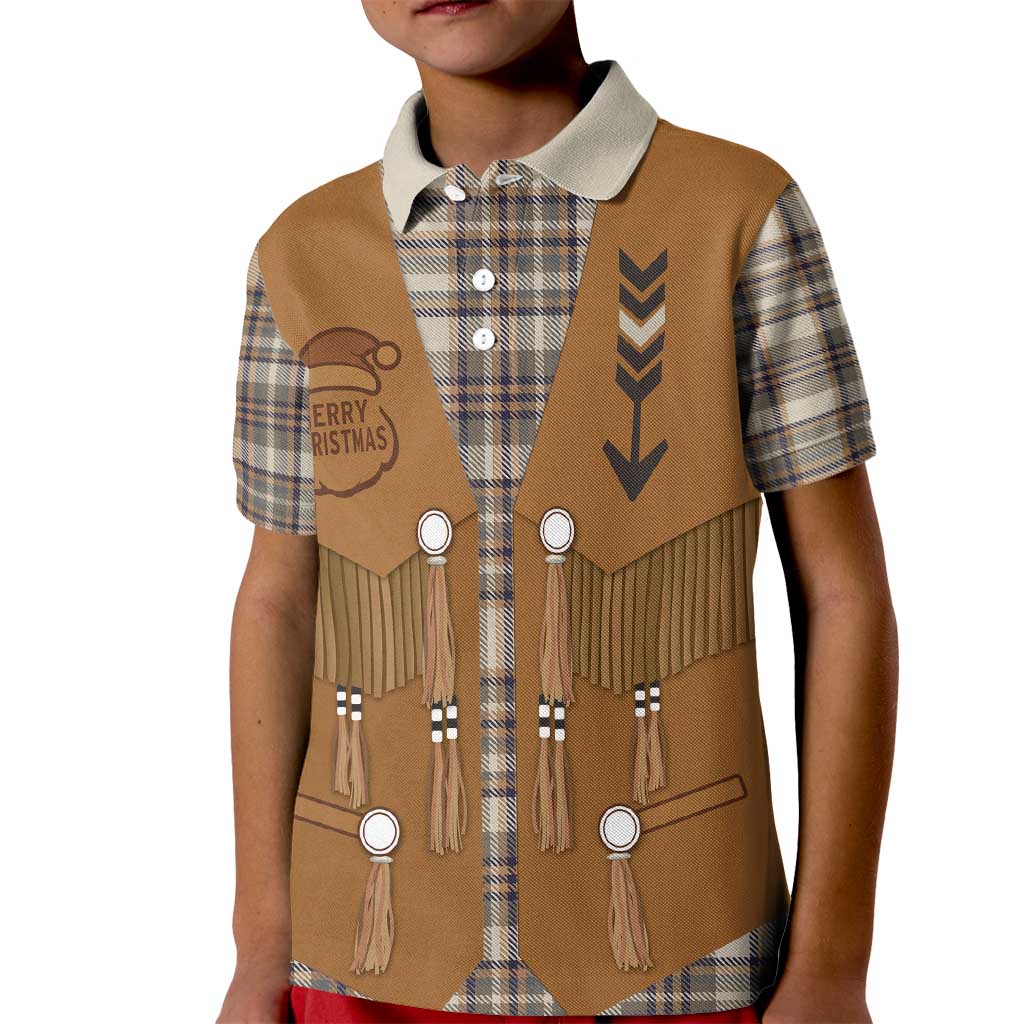 Santa Western Cowboy Christmas Kid Polo Shirt Plaid Brown Beige Vest Style - Wonder Print Shop