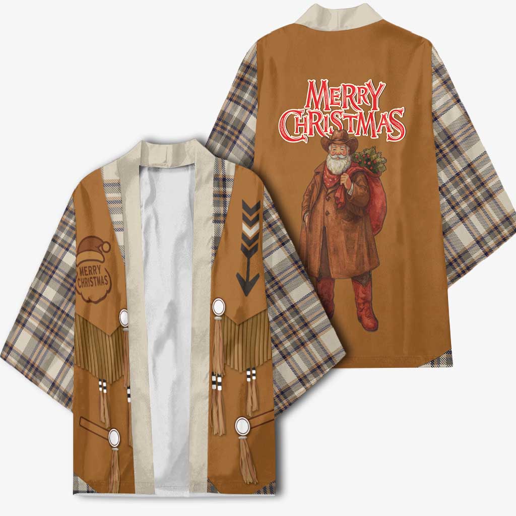 Santa Western Cowboy Christmas Kimono Plaid Brown Beige Vest Style - Wonder Print Shop