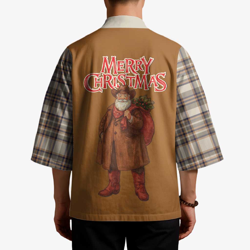 Santa Western Cowboy Christmas Kimono Plaid Brown Beige Vest Style - Wonder Print Shop