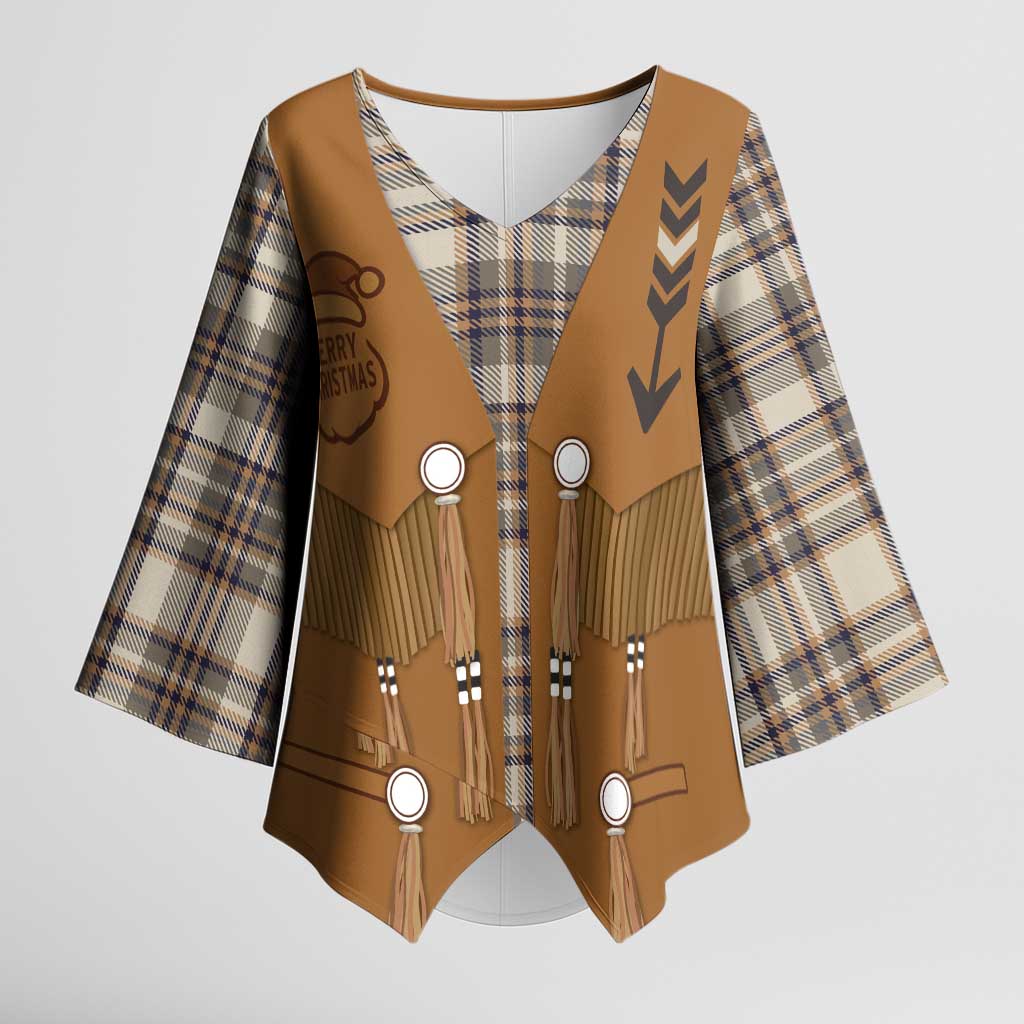 Santa Western Cowboy Christmas Kimono Sleeve Blouse Plaid Brown Beige Vest Style - Wonder Print Shop
