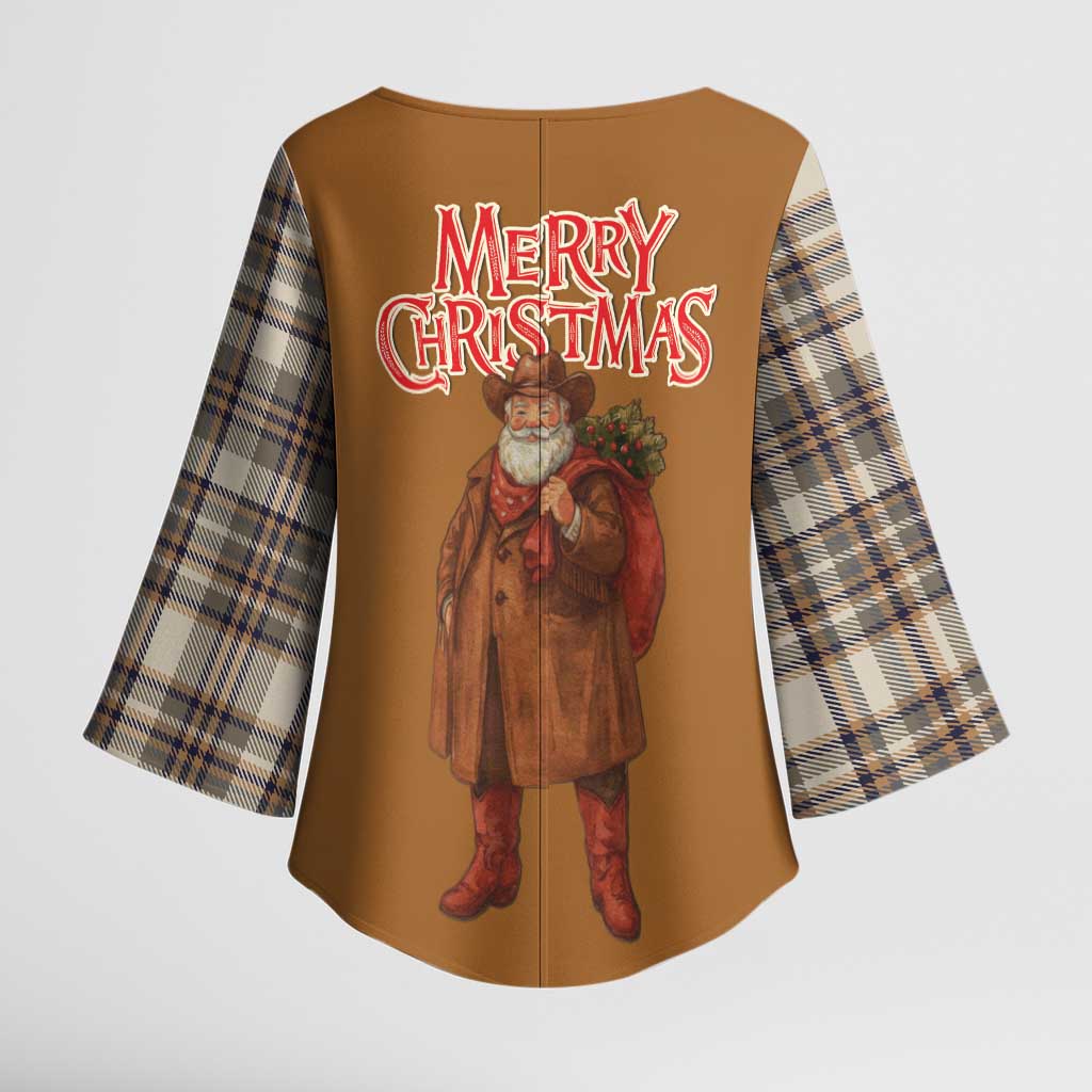 Santa Western Cowboy Christmas Kimono Sleeve Blouse Plaid Brown Beige Vest Style - Wonder Print Shop