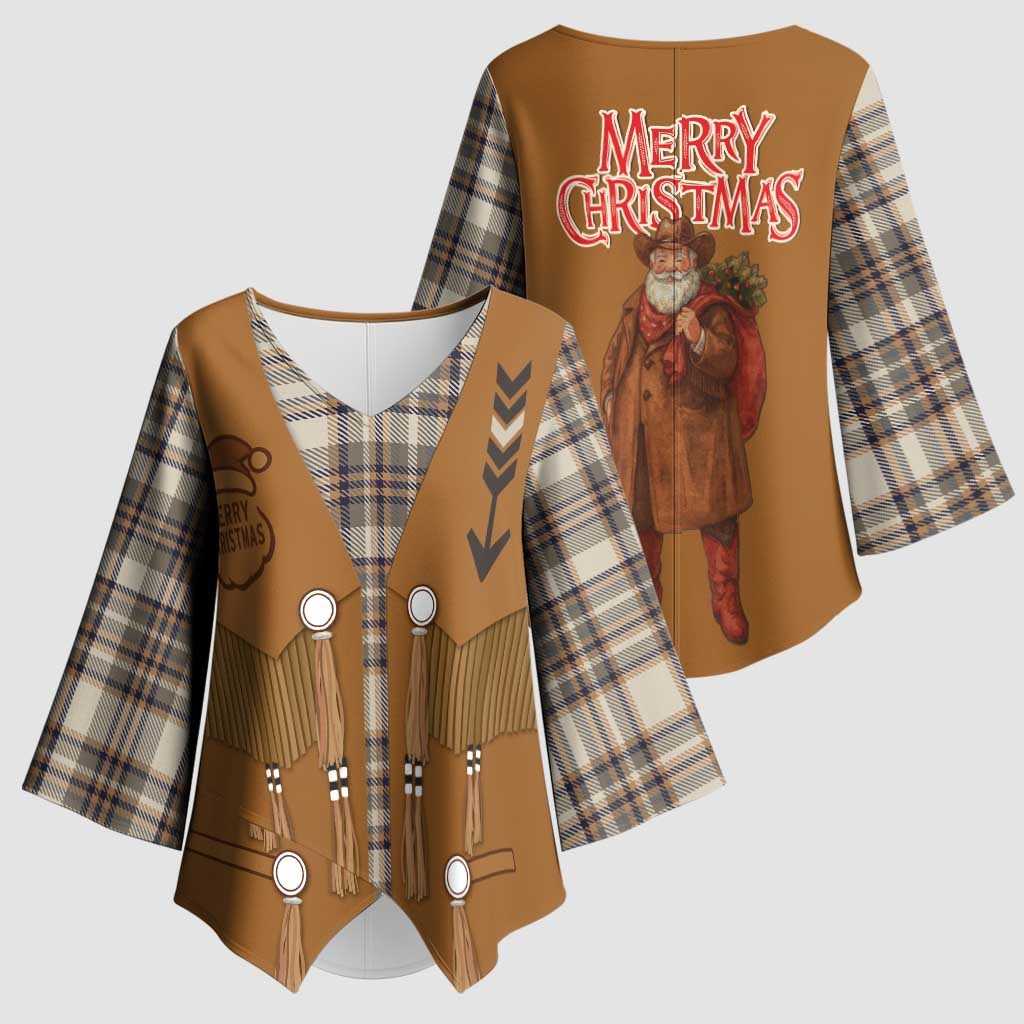 Santa Western Cowboy Christmas Kimono Sleeve Blouse Plaid Brown Beige Vest Style - Wonder Print Shop