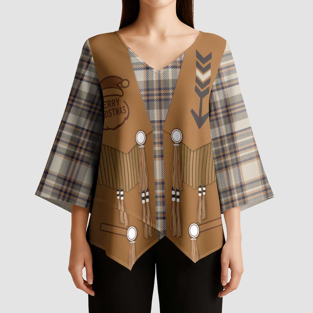 Santa Western Cowboy Christmas Kimono Sleeve Blouse Plaid Brown Beige Vest Style - Wonder Print Shop