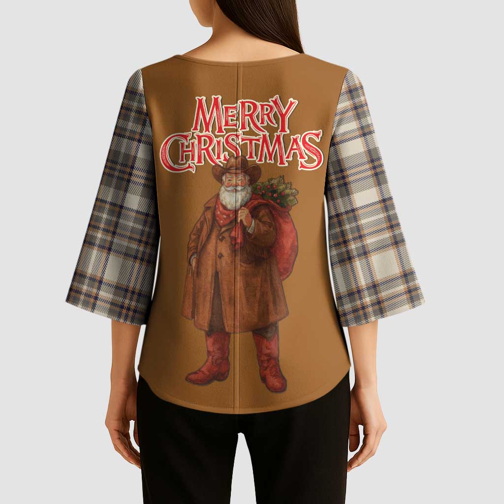 Santa Western Cowboy Christmas Kimono Sleeve Blouse Plaid Brown Beige Vest Style - Wonder Print Shop