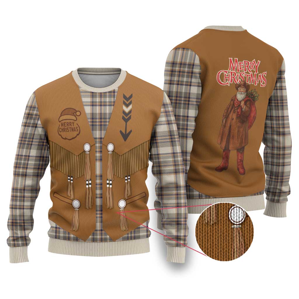 Santa Western Cowboy Christmas Ugly Christmas Sweater Plaid Brown Beige Vest Style - Wonder Print Shop
