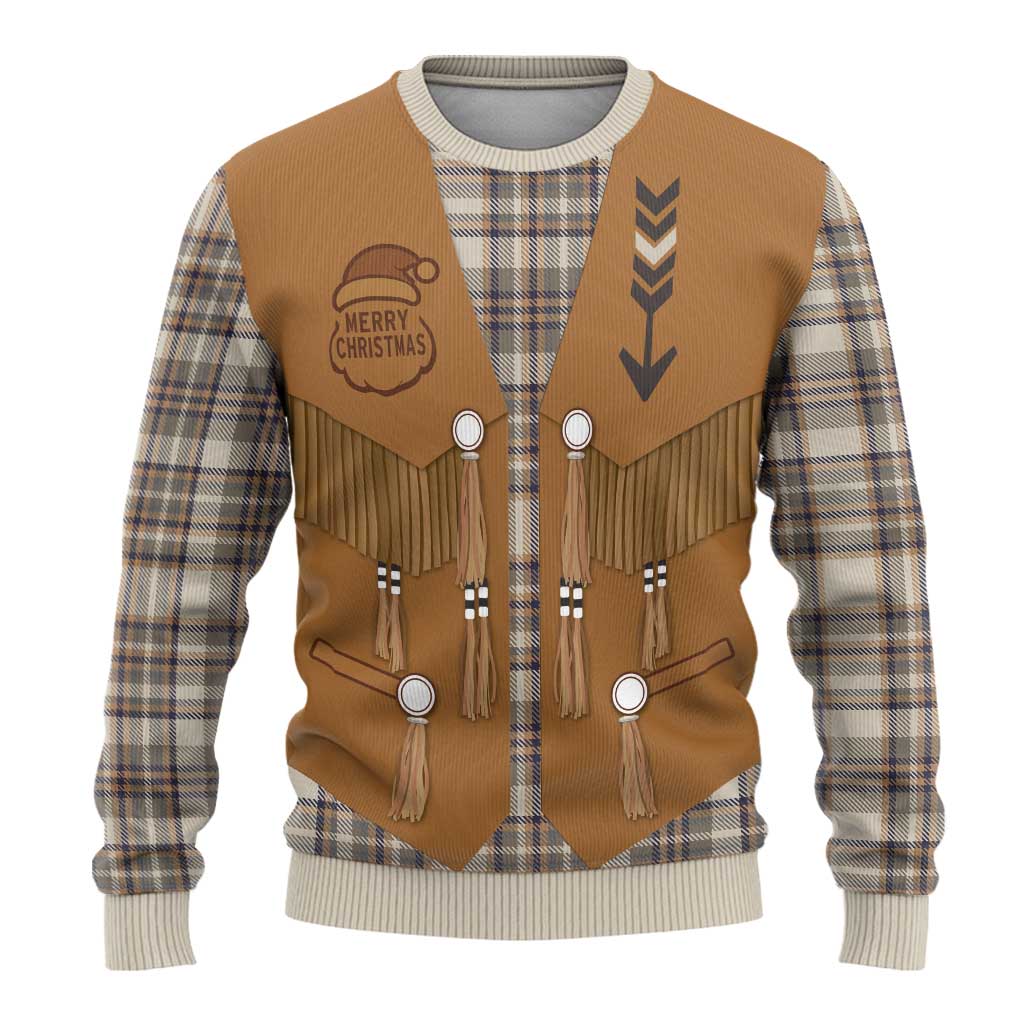 Santa Western Cowboy Christmas Ugly Christmas Sweater Plaid Brown Beige Vest Style - Wonder Print Shop