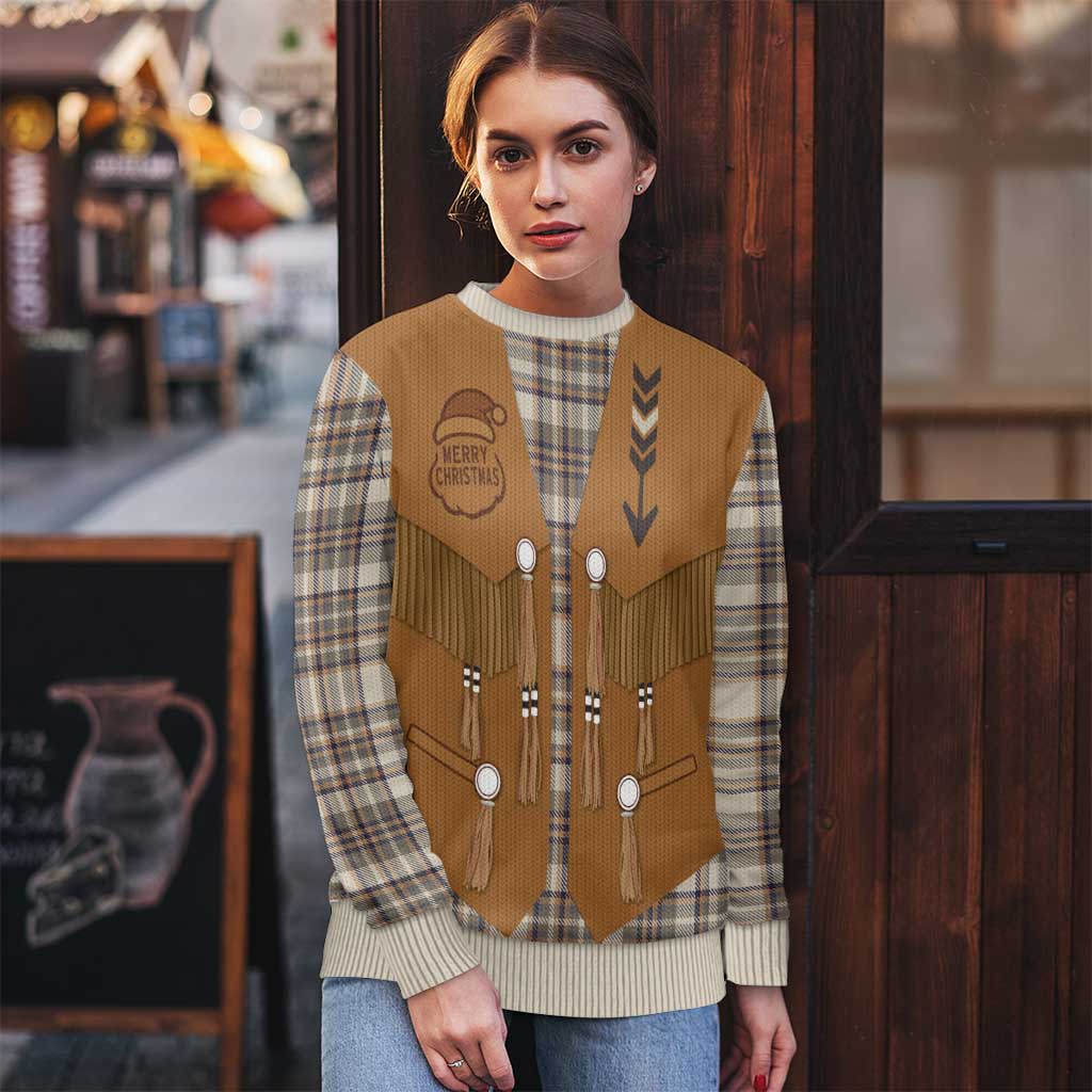Santa Western Cowboy Christmas Ugly Christmas Sweater Plaid Brown Beige Vest Style - Wonder Print Shop