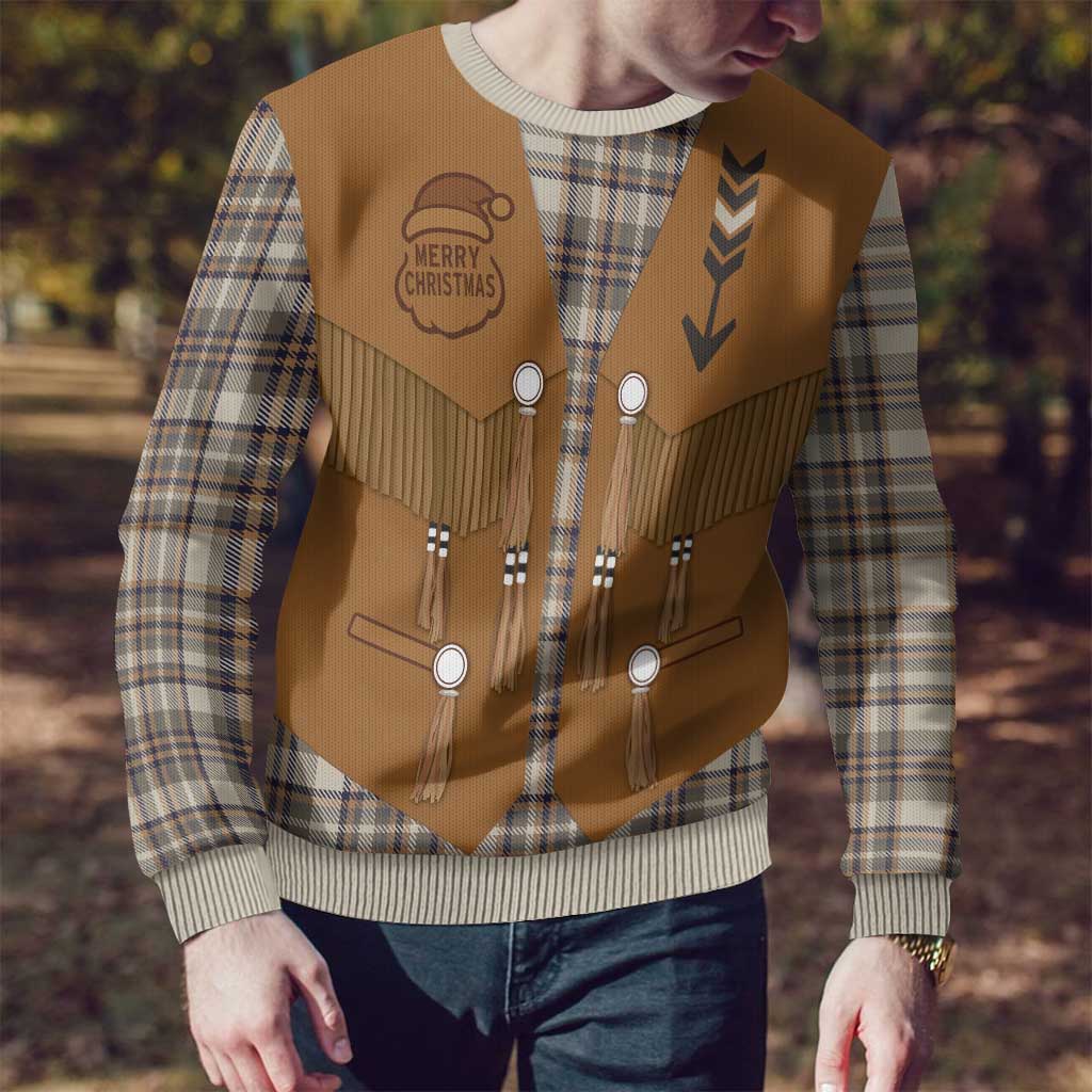 Santa Western Cowboy Christmas Ugly Christmas Sweater Plaid Brown Beige Vest Style - Wonder Print Shop