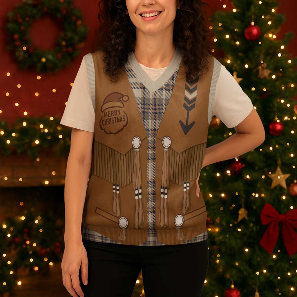 Santa Western Cowboy Christmas Knitted V-Neck Vest Plaid Brown Beige Vest Style - Wonder Print Shop