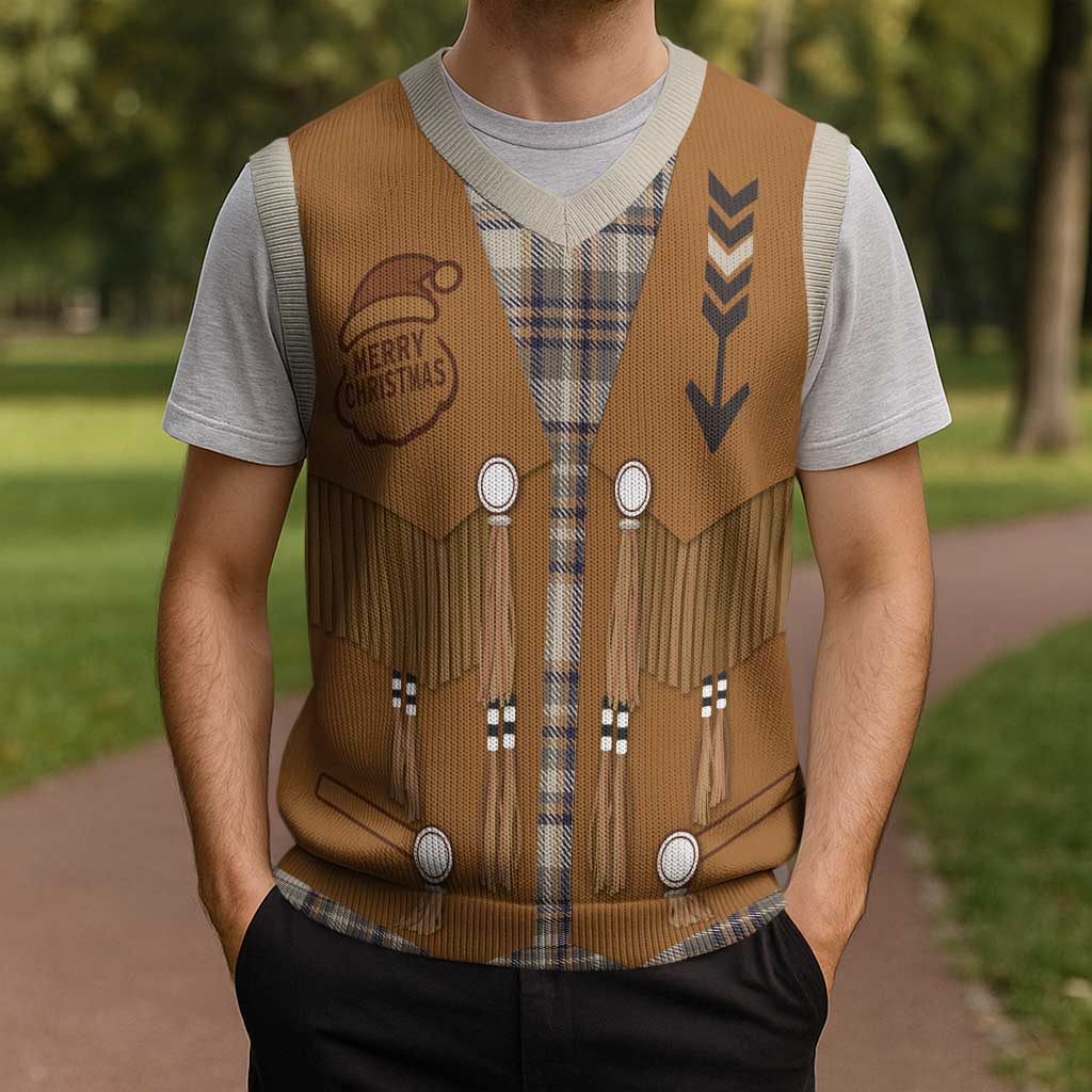 Santa Western Cowboy Christmas Knitted V-Neck Vest Plaid Brown Beige Vest Style - Wonder Print Shop