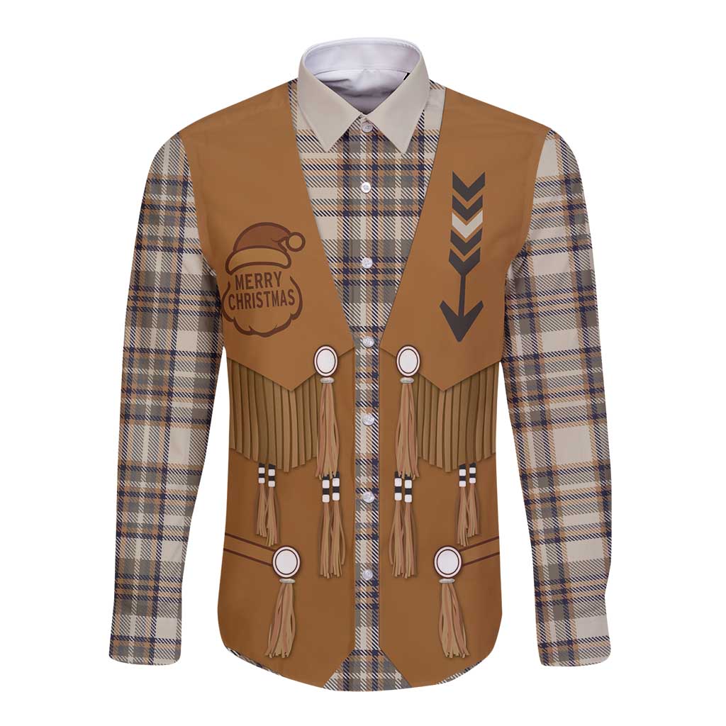 Santa Western Cowboy Christmas Long Sleeve Button Shirt Plaid Brown Beige Vest Style - Wonder Print Shop