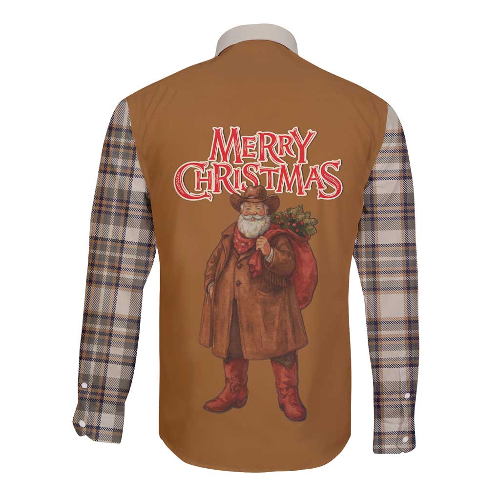 Santa Western Cowboy Christmas Long Sleeve Button Shirt Plaid Brown Beige Vest Style - Wonder Print Shop
